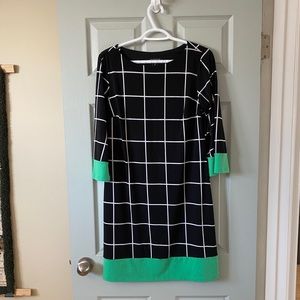 Box Print Shift Dress with Green Trim